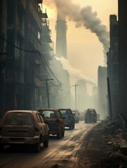 Cars driving down a city street with smoke coming out of the chimneys. Generative AI.