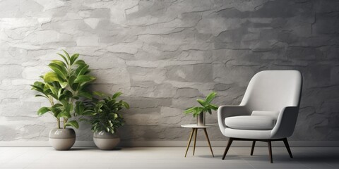 White chair and plant in room, interior decor, grey stone wall, frame and carpet design.
