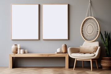Empty frame mokcup in modern living room. Created with generative AI technology