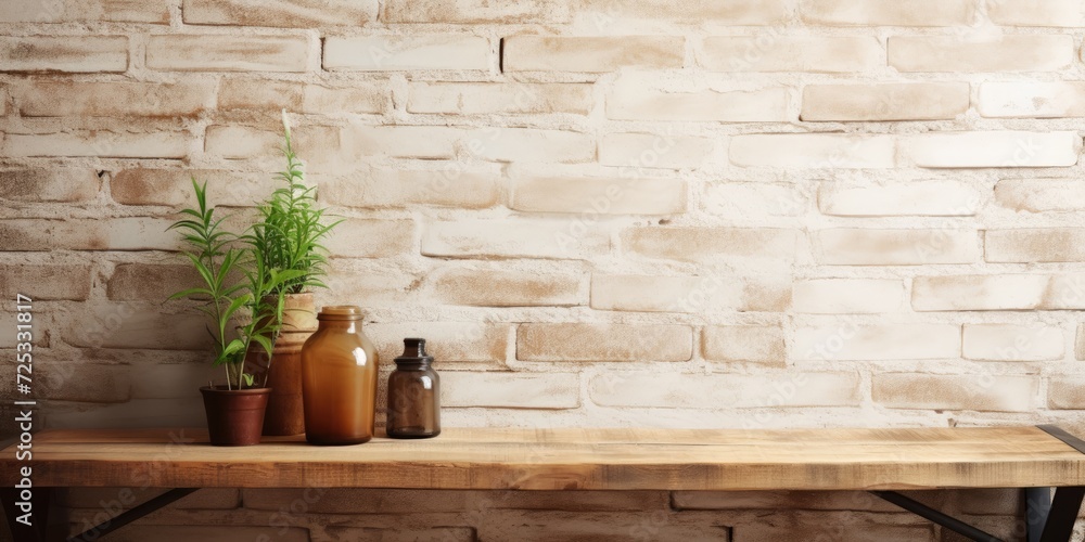 Poster minimalist product showcase on rustic wooden table with vintage brick wall backdrop.