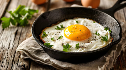 Tasty sunny side up egg on the pan, ready to serve for breakfast, view from above. copy space concept.