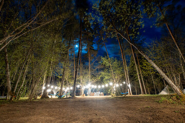 enchanted forest campground with hammocks under starburst lights, a tranquil outdoor retreat...