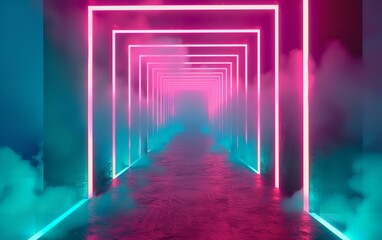 A dark, neon-lit tunnel curves into the distance, smoke swirling around its entrance like an ethereal mist
