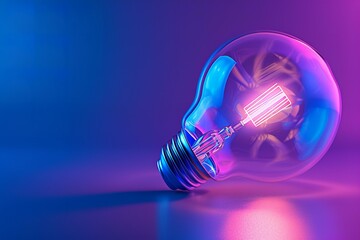 A vintage-style incandescent light bulb hangs from a twisted black cord, its delicate glass filament glowing warmly against a backdrop of deep blue and purple hues