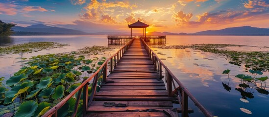 The lotus ponds, a wooden bridge leading to success, extend into the sea at sunset. - obrazy, fototapety, plakaty