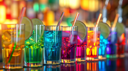 multicolored glass cocktails stand in a row close-up background