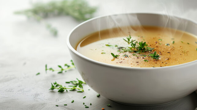 yellow hot pea soup in a white cup close-up background