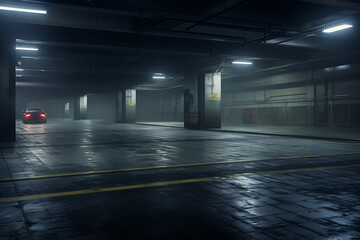 Underground parking lot at night with lights and reflections on the ground - obrazy, fototapety, plakaty