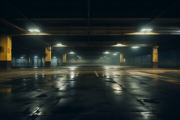 Underground parking lot at night with lights and reflections on the ground