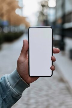 Mockup image of a man's hand holding modern smartphone with blank white screen on blurred background