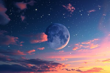 Crescent Moon With Stars And Colorful Clouds At Sunset