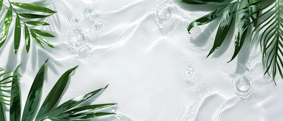 Green leaves on surface transparent water, beauty backdrop, spa and wellness, copy space, mockup, top view, tropical concept.