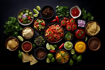Fototapeta na wymiar Nachos, guacamole and salsa with ingredients on black background