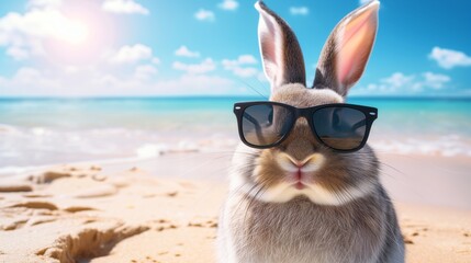 Happy Easter bunny in sunglasses on beach and sea with copy space - obrazy, fototapety, plakaty