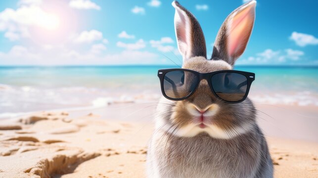 Happy Easter bunny in sunglasses on beach and sea with copy space