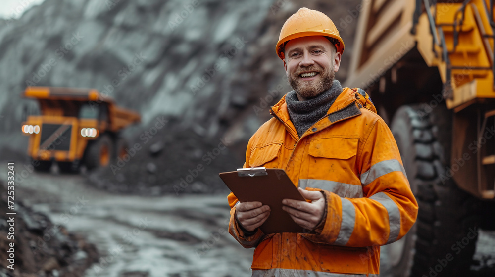 Wall mural a potrait worker in mining coal field dump truck background