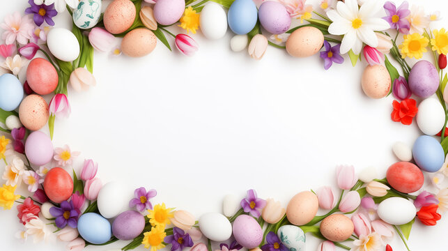 Easter frame with eggs, flowers, and empty space in the center. Easter template for greeting cards and more. Eggs composition for spring holiday. Banner with colorful eggs and floral objects.