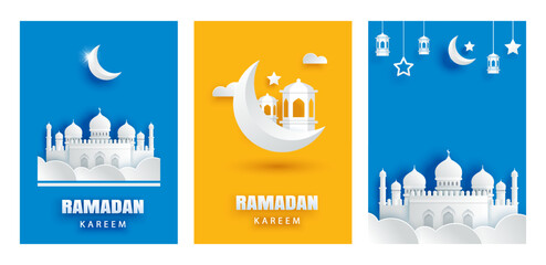 Naklejka premium Ramadan kareem greeting card background. Eid mubarak paper art banner illustration design.