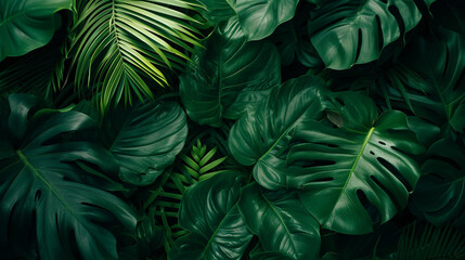 closeup view nature view of green dark leaves and palms background