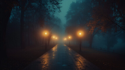 Fototapeta premium night after rain in park with mist