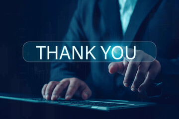 Businessman's hands expressing gratitude on virtual screen Business touch screen with thank you message on smart background expresses gratitude, acknowledgment, and appreciation.
