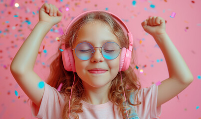 Kid closed eyes and raised arm singing song while listening to music on headphones happiness emotion on pink background.