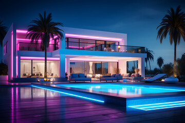 Illuminated modern house with pool at night. 3d rendering