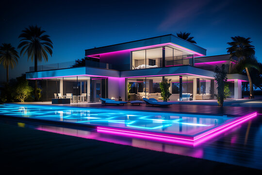 Illuminated modern house with pool at night. 3d rendering