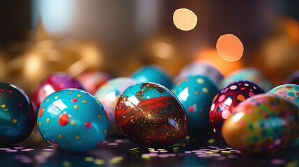 Beautiful painted Easter eggs in various motifs on a table with bokeh city light at night. Holiday and happy Easter day celebration concept background. Created with Generative AI