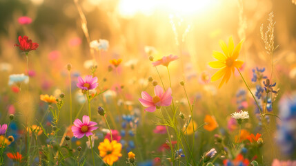 Landscape nature background of beautiful  flowers field with sunset. Vintage color tone.