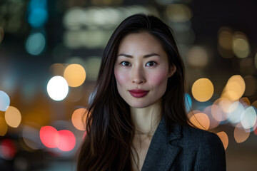 Obraz premium Asian businesswoman portrait looking confident on a night scene copy space background