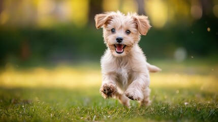 Happy puppy running on grass