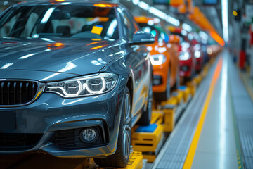 Obraz premium Mass production assembly line of modern cars in a busy factory. 