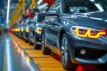 Fototapeta premium Mass production assembly line of modern cars in a busy factory. 