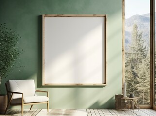 Empty white frame in modern living room. Made with generative AI technology