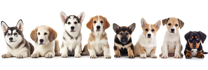 Group of cute puppies isolated on white background.