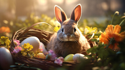 Fototapeta na wymiar easter bunny and easter eggs in flowers