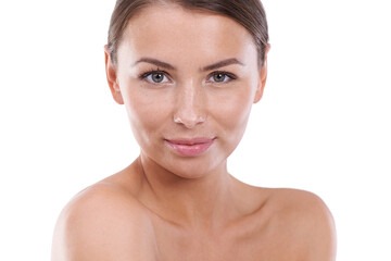 Obraz premium Woman, makeup and portrait with beauty, skincare and cosmetics with hair, confident and face. Skin, female person and glow with pose, studio and model for cosmetology, dermatology and beautiful