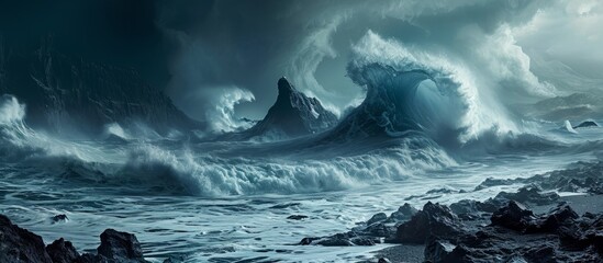 Increasing frequency of dangerous hurricanes and cyclones, with turbulent waves resembling a tsunami and rugged basalt rocks in the Pacific Ocean.