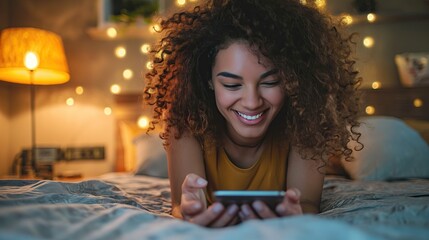 Smiling woman lying on bed with phone - Powered by Adobe