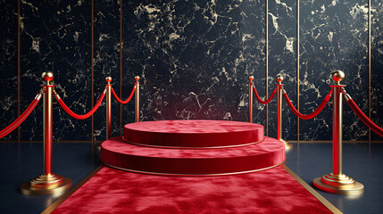 Elegant red velvet stage framed by golden stanchions and lush red ropes, against a chic black marble background, exuding exclusivity and sophistication.