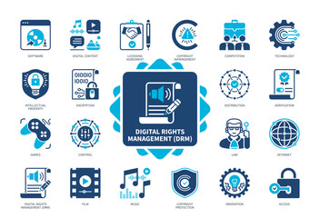 Digital Rights Management (DRM) icon set. Intellectual Property, Encryption, Music, Digital Content, Game, Access, Control, Licensing Agreement. Duotone color solid icons - obrazy, fototapety, plakaty
