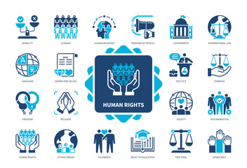 Human Rights icon set. Human Behavior, Religion, Fairness, Ethnic Origin, Democracy, Fair Trial, Freedom, Language. Duotone color solid icons