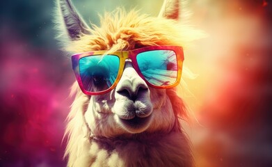 A trendy and modern alpaca or llama wearing stylish glasses for a fashionable look.