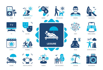 Leisure icon set. Healthy Lifestyle, Hobbies, Party, Vacation, Events, Game, Culture, Reading. Duotone color solid icons