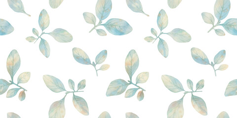 Delicate watercolor leaves on a white background, seamless pattern for design, ready-made sample for wrapping paper
