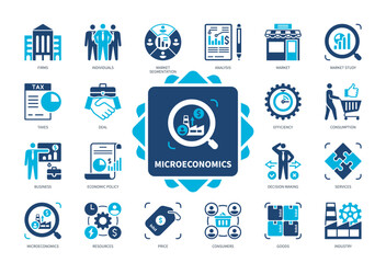 Microeconomics icon set. Economic Policy, Consumption, Consumers, Resources, Taxes, Market Study, Industry, Firms, Individuals. Duotone color solid icons - obrazy, fototapety, plakaty