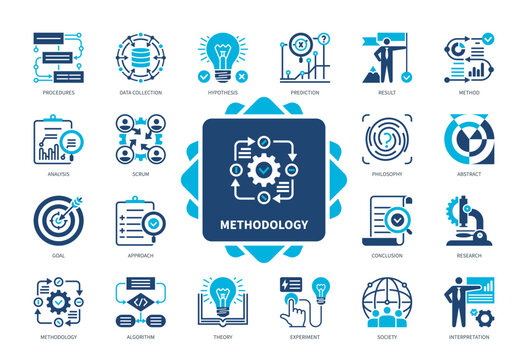 Methodology icon set. Data Collection, Hypothesis, Scrum, Prediction, Theory, Approach, Interpretation, Philosophy. Duotone color solid icons