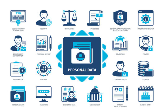 Personal Data icon set. Information, Biometric Data, Regulation, Identity, Social Security Number, Privacy, Password, Control. Duotone color solid icons