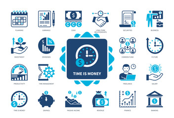 Time is Money icon set. Planning, Savings, Time Management, Banking, Securities, Investment, Finance, Revenue. Duotone color solid icons